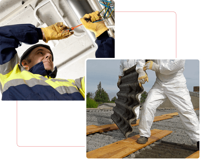 An electrician working on wiring and workers installing roof insulation.